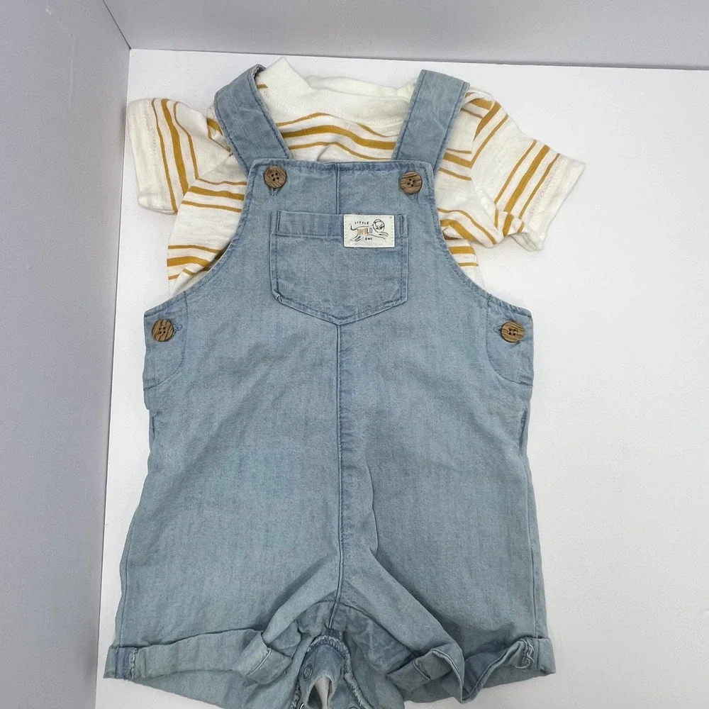 Carter's 6M Denim Overalls 2 Shirts Lot Cute Outfit Light Wash Playwear Unisex